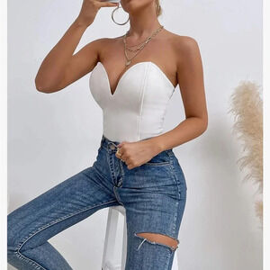 Sexy Velvet Strapless Bodysuit  Vintage Deep V Neck Lace Up Cross Back White M